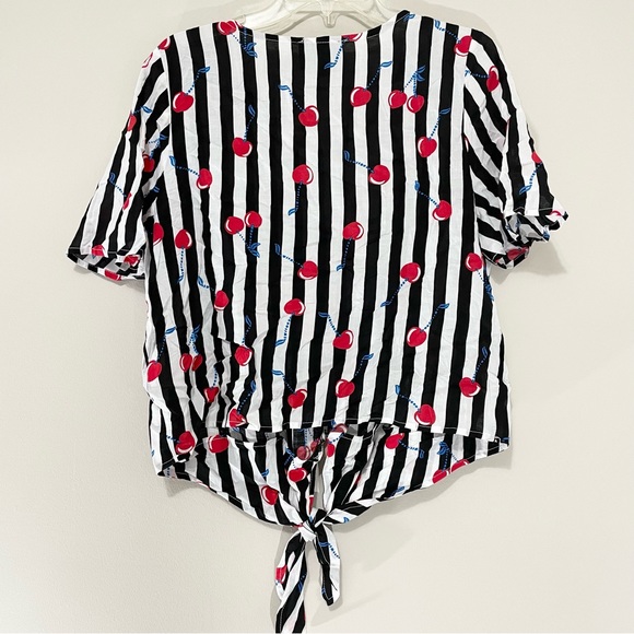 Cynthia Rowley Retro Tie Front Cherry and Stripe Blouse Size L - Picture 2 of 7